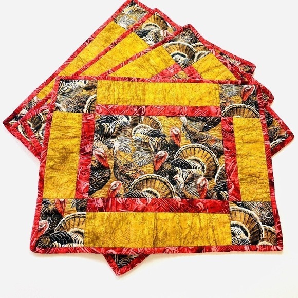 Vintage Handcrafted Turkey Thanksgiving Placemats Set of 4 Quilted Fall Leaves - Picture 1 of 4